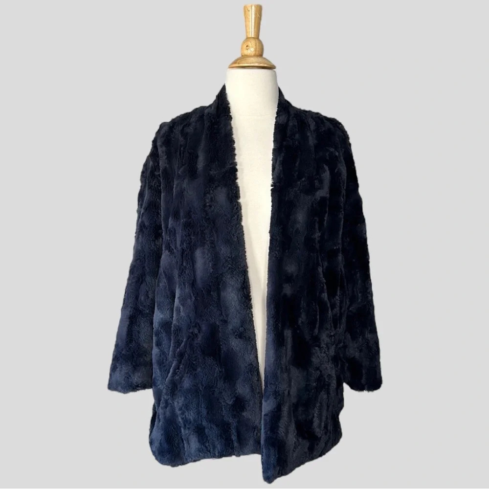 TINY EDITIONS for Anthropologie Equinox Dark Blue Faux Fur Jacket,‎ Size Small